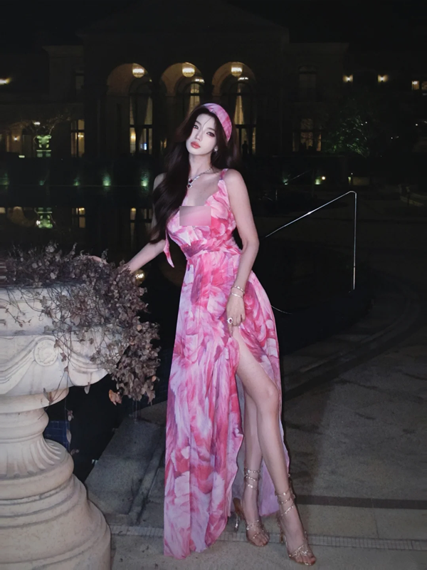 Pink floral print halter-neck fitted waist slit sexy long ball gown R7064