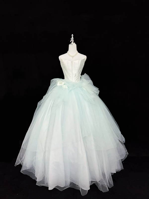 White strapless fitted bodice with light green tulle skirt, long ball gown R9051