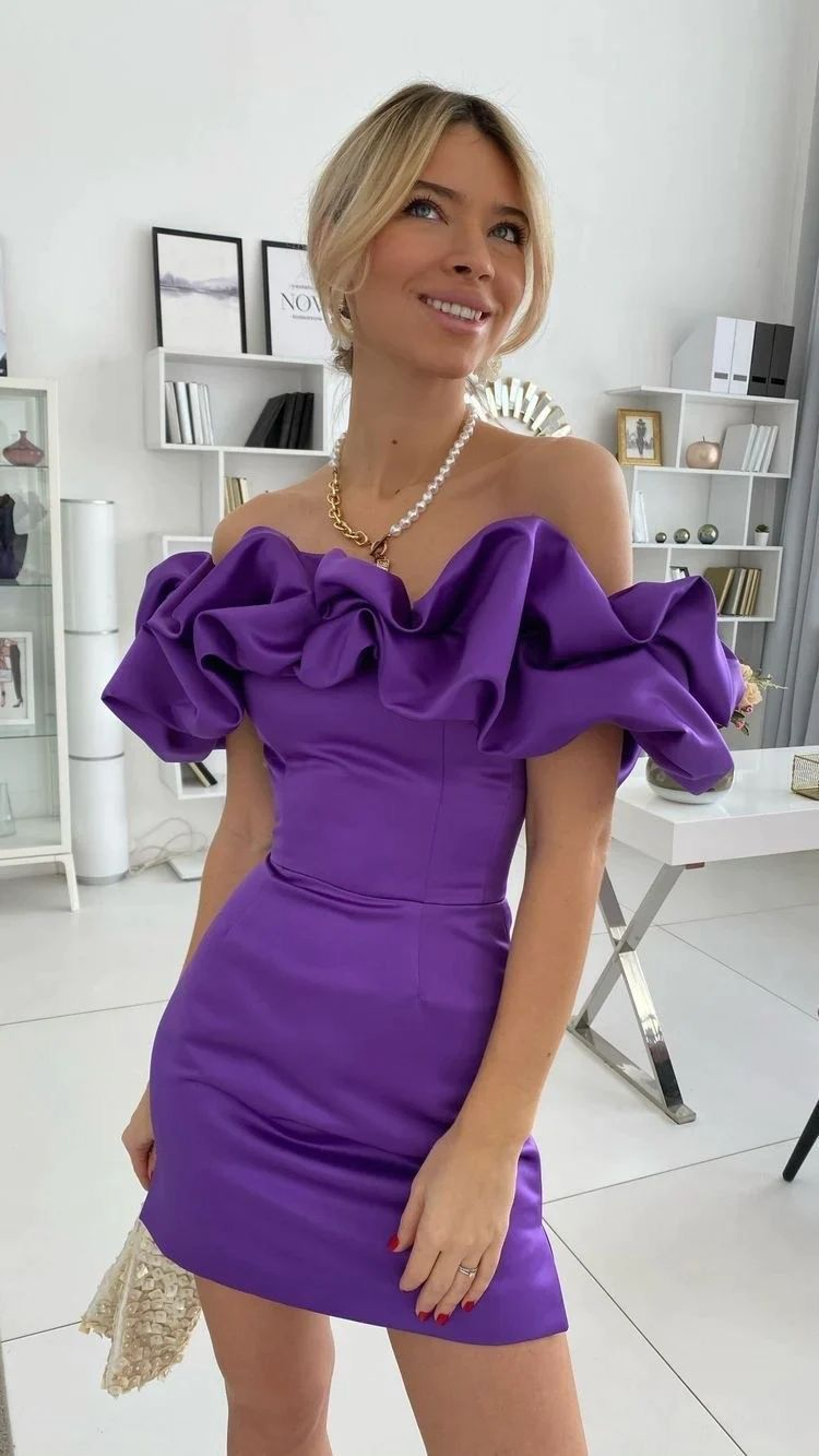 Purple one-shoulder slim waist hip skirt homecoming dress R5514