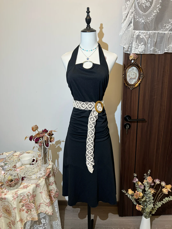 Black halterneck waist dark pleated slim sexy maxi dress homecoming dress R4323