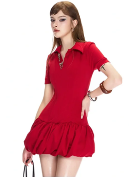 Red polo neckline, slim waist, flower bud skirt, cute short skirt, homecoming dress R4726
