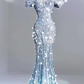 Silver Off-the-Shoulder Rhinestone-Embellished Fitted-Waist Slim-Fit Hip-Hugging Mermaid-Length Prom Dress R6505