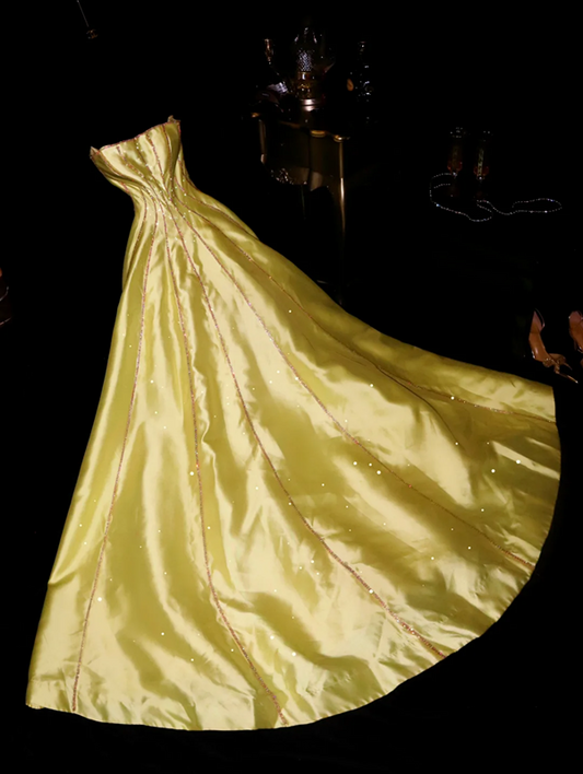 Yellow strapless fitted long ball gown R6984
