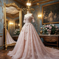 Pink off-the-shoulder waist-cinching slim-fit ballgown long prom dress R7931
