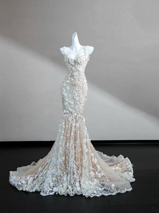 Pink suspenders and white flowers slim hip skirt, prom dress R5634