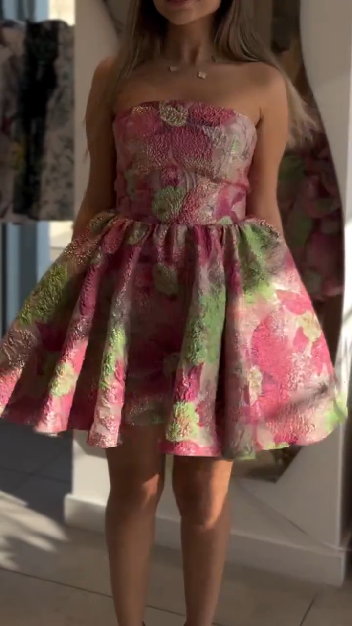 Pink Floral Strapless Waisted Princess Miniskirt Homecoming Dress R5594