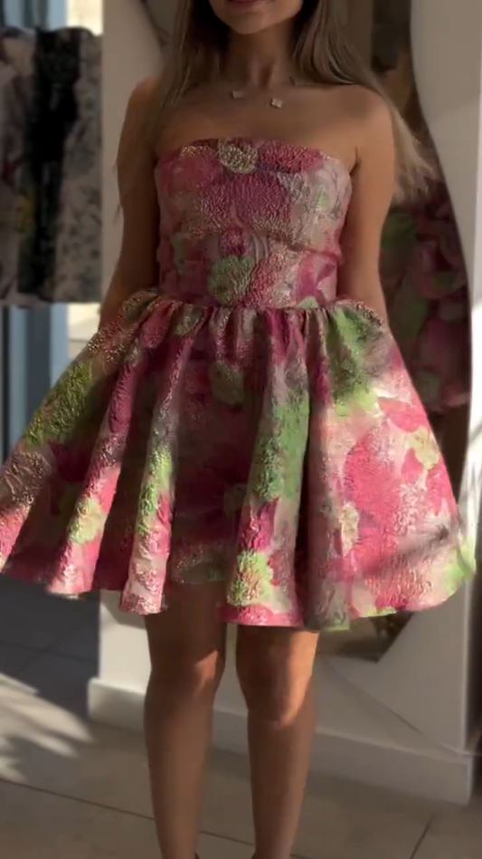 Pink Floral Strapless Waisted Princess Miniskirt Homecoming Dress R5594