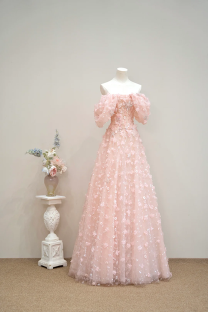 Light pink off-the-shoulder fitted long ball gown, bridal dress R8901