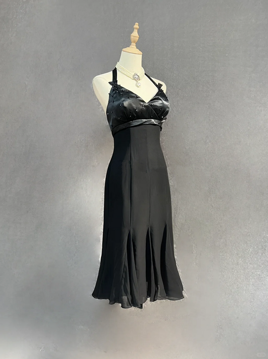 Black halter neck slim waist mid-length skirt homecoming dress R4932