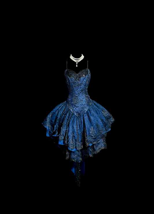 Blue halter-neck fitted short ball gown with a tiered skirt R6665