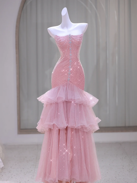 Pink tube top waist slim hip maxi dress prom dress bridal gown R5867