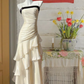 Elegant apricot-colored satin halter top with a fitted waist, pleated ruffled hem, long ball gown R6226