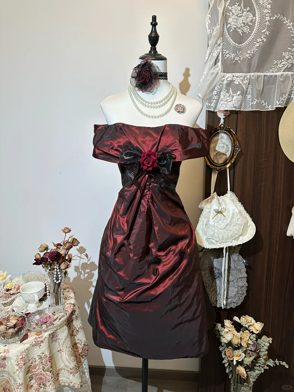 Dark red elegant temperament waist A-line slim short skirt homecoming dress R4241