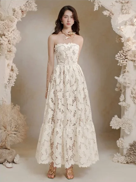 Off-white tube-top waist lace long dress for homecoming R4851