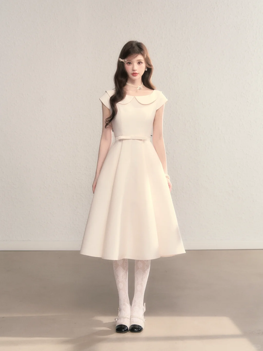 White baby doll collar waist slim A-line mid-length skirt homecoming dress R5413