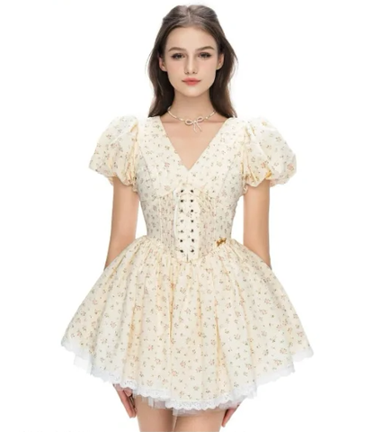 Apricot Puff Sleeve V-Neck Waist Slim Short Skirt Homecoming Dress R4811