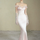 Pink one-shoulder satin waist slim mermaid maxi bridal gown R5791