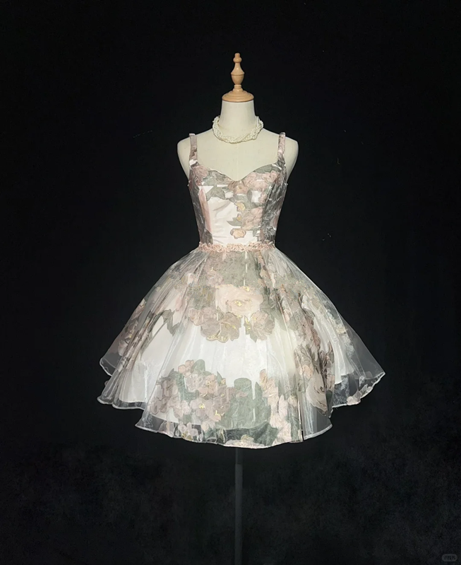 Retro pink floral suspender waist puffy princess skirt homecoming dress R4973