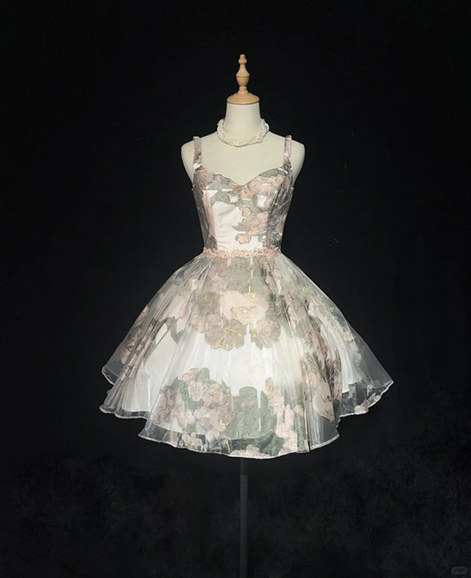 Retro pink floral suspender waist puffy princess skirt homecoming dress R4973