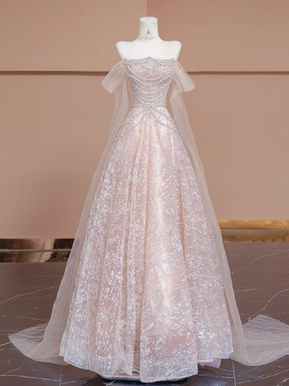 Light pink off-shoulder fitted waist long ball gown/bridal dress R8295