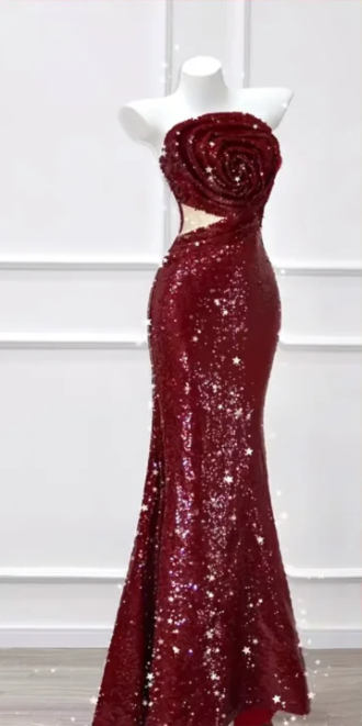 Red Strapless Sequin-Embellished Waist-Cinched Slim-Fit Long Ball Gown R7143