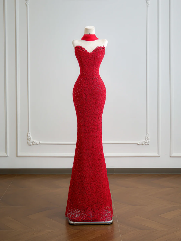 Red strapless lace fitted waist slim hip-hugging long sexy ball gown R8158