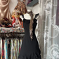 Black Spaghetti Strap Waist-Cinched Slim-Fit Short-Length Ball Gown R7423