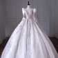 White Rhinestone-Embellished Long-Sleeve Fitted-Waist Slim-Fit Puffy Hem Long Bridal Gown R5905