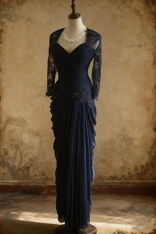 Navy blue lace-sleeved, fitted, pleated, bodycon long ball gown R6745