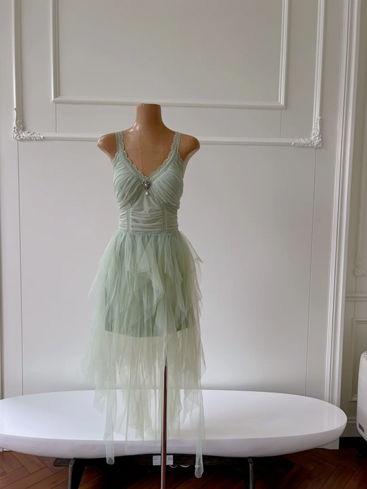 Light green suspender waist design puffy skirt homecoming dress R5194