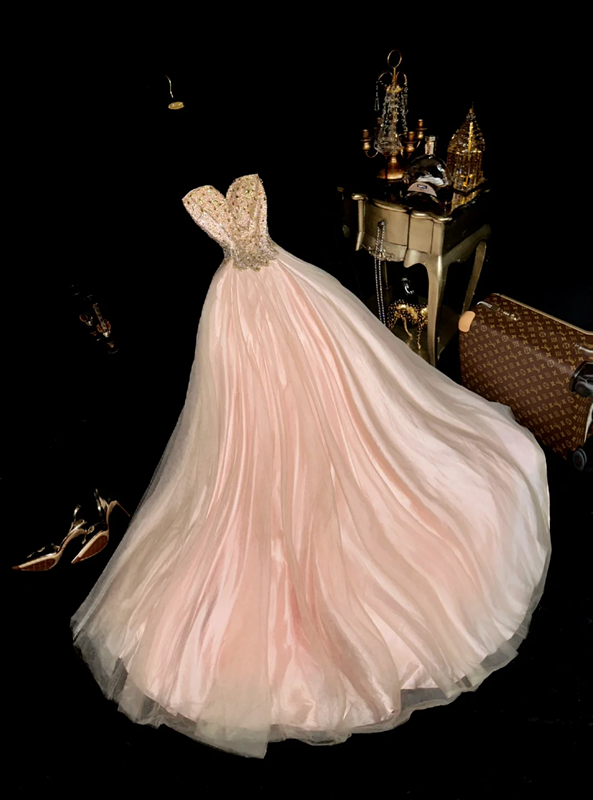 Light pink strapless rhinestone-embellished waist elegant fairy long ball gown R6904