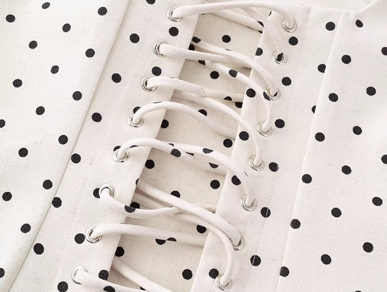 2025 Summer New Apricot Polka Dot Waist Square Neck A-line Short Suspender Dress R0907