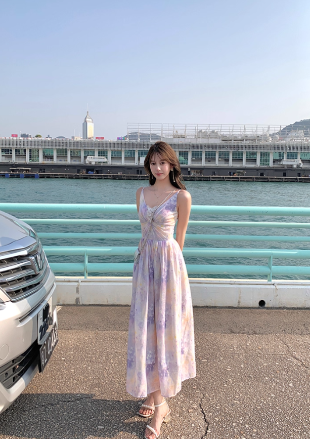 Long V-neck waist suspender dress summer French retro temperament skirt R4950