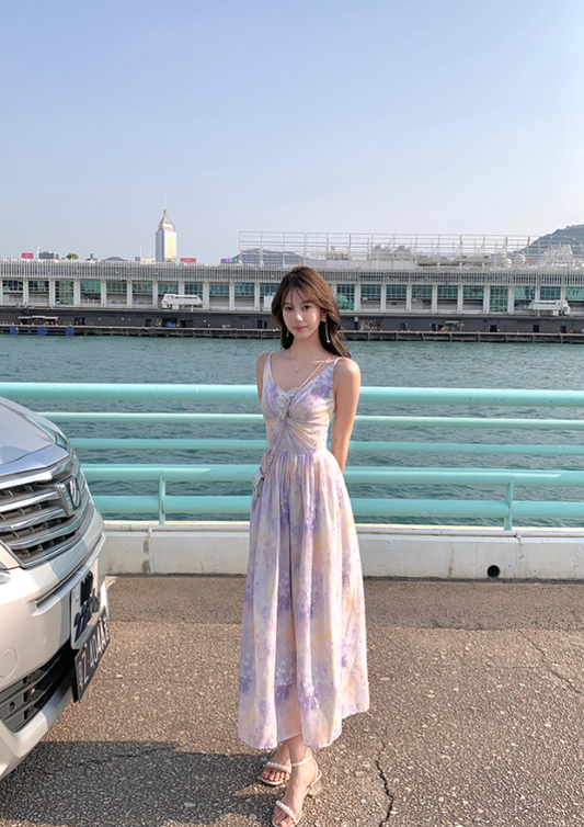 Long V-neck waist suspender dress summer French retro temperament skirt R4950