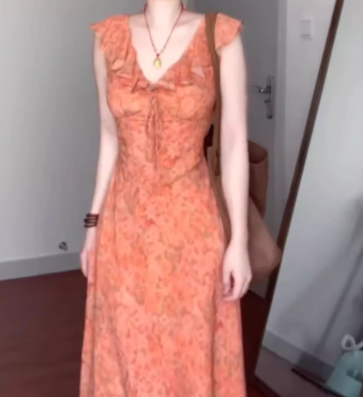 Floral suspender skirt niche design flying sleeves v-neck waist beautiful dress R0775