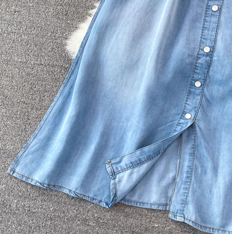 Light mature style sleeveless denim dress new French retro waist slimming A-line shirt long skirt R0407