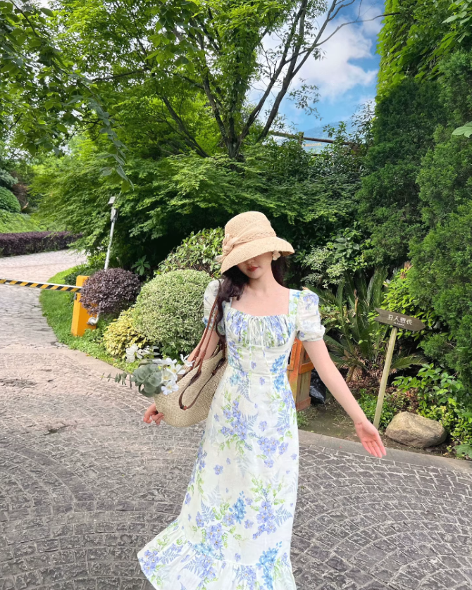 French fresh pastoral style temperament slim print fairy atmosphere floral ruffle dress R1430