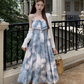 Fairy retro style ruffled one-shoulder sling dress new Chinese style ink-dyed dress R1706