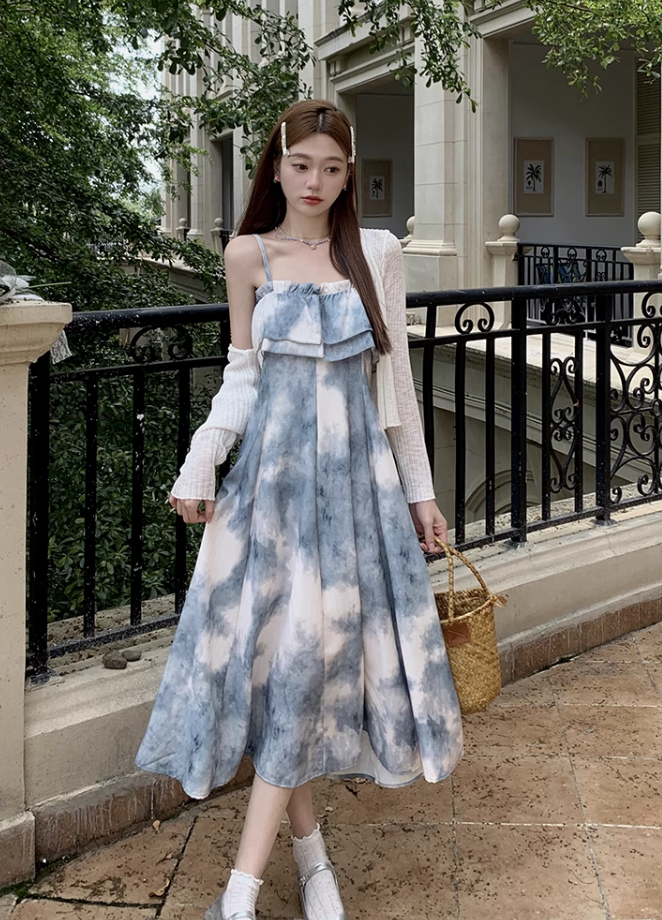 Fairy retro style ruffled one-shoulder sling dress new Chinese style ink-dyed dress R1706