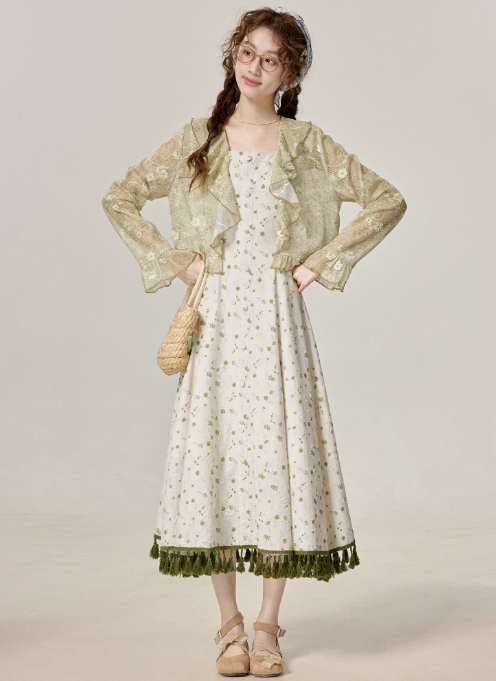 French first love green floral dress beautiful summer holiday dress R1905