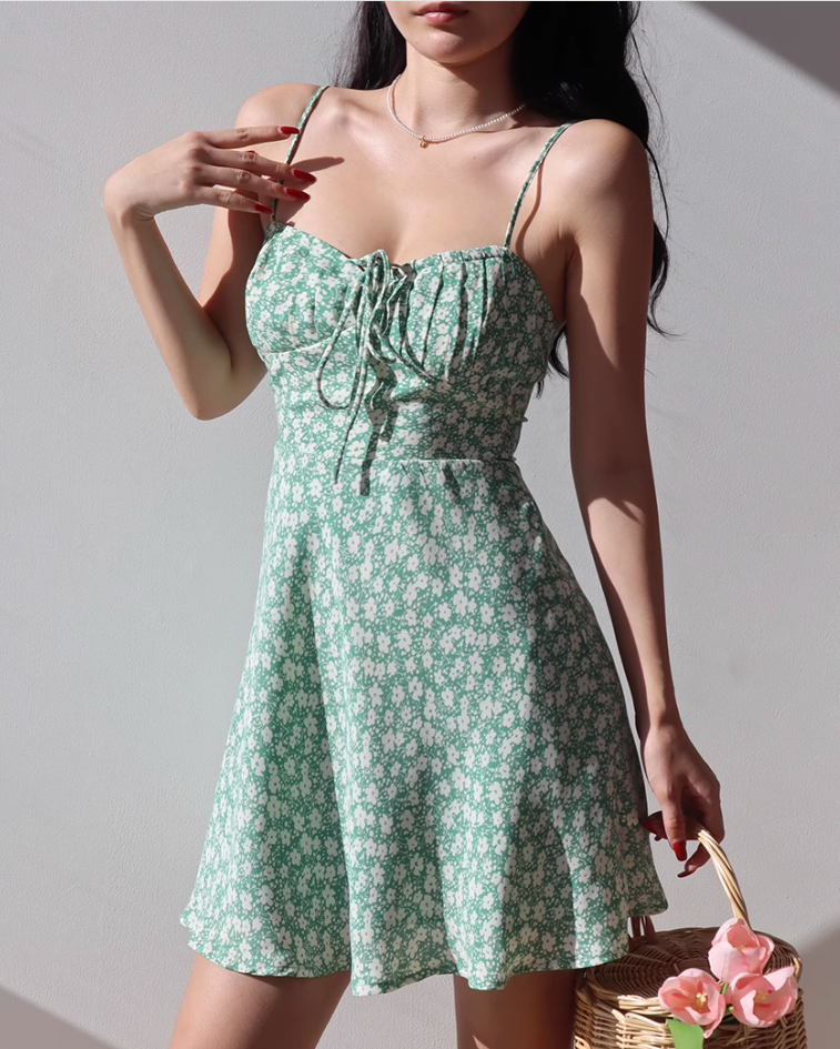 French retro pastoral style fresh green bottom small floral suspender dress short skirt R2825