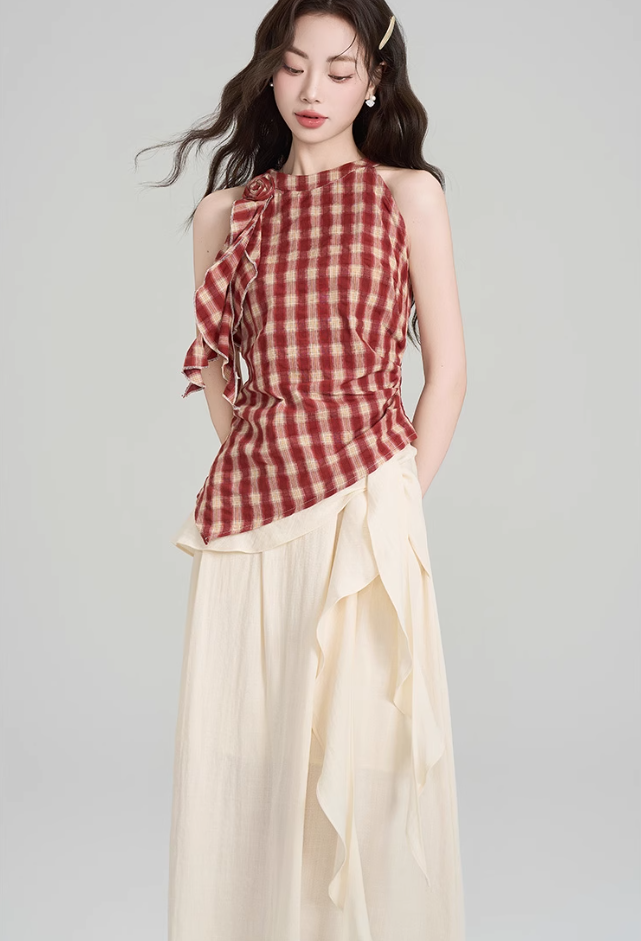 French irregular retro plaid halter neck off-shoulder top with strappy skirt two-piece set R2408
