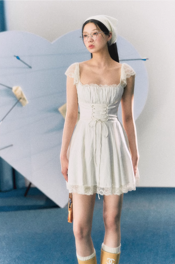 French pure desire style white lace waist slimming suspender dress R3321