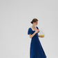 Blue French dress puff sleeves skirt retro style small square collar tea break long dress female summer R3456