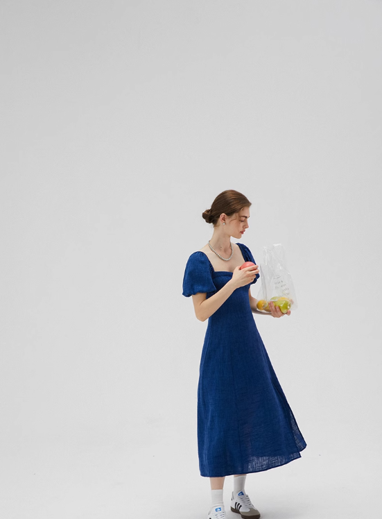 Blue French dress puff sleeves skirt retro style small square collar tea break long dress female summer R3456