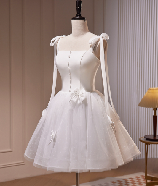 Elegant White Homecoming Dress , Beaded Bow Decor Corset Mini Evening Dress RS1448