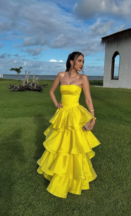 Ruffled Silky Corset Prom Gown , Yellow Vibrant Women's Maxi Evening Dress Birthday Dress RS2587