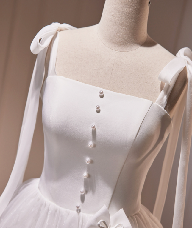 Elegant White Homecoming Dress , Beaded Bow Decor Corset Mini Evening Dress RS1448