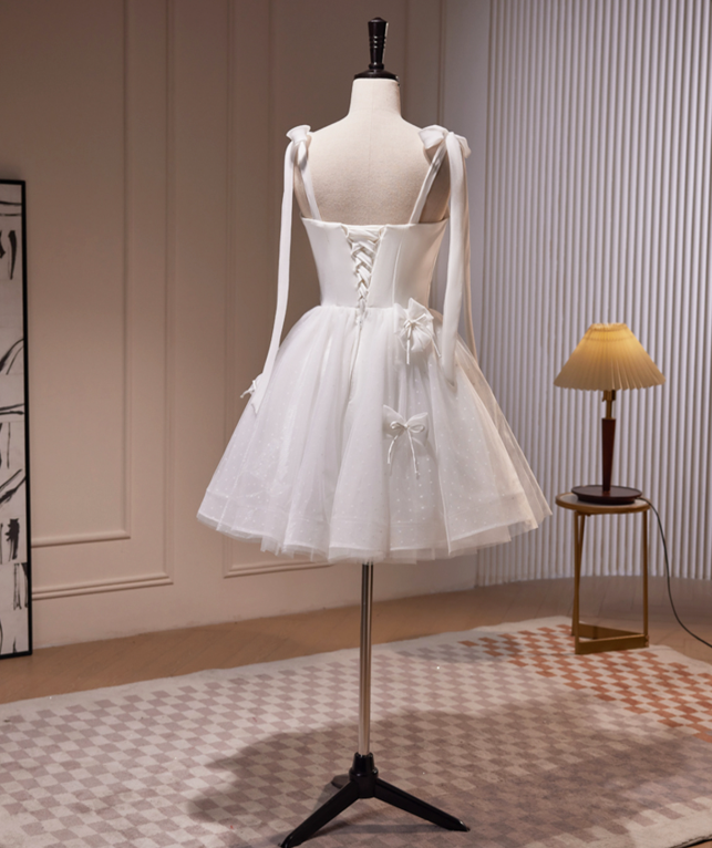 Elegant White Homecoming Dress , Beaded Bow Decor Corset Mini Evening Dress RS1448
