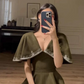 Retro Satin Silky V-neck Prom Gown Bud Green Women's Corset Maxi Cocktail Dress Casual Dress RS2932